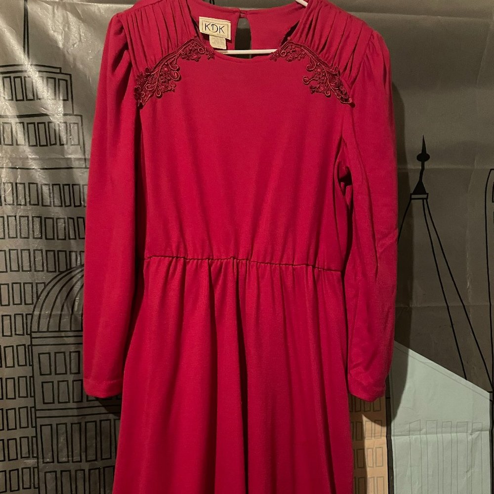 80's Wine Colored Long Sleeved Dress With Ruched Embroidered Shoulders